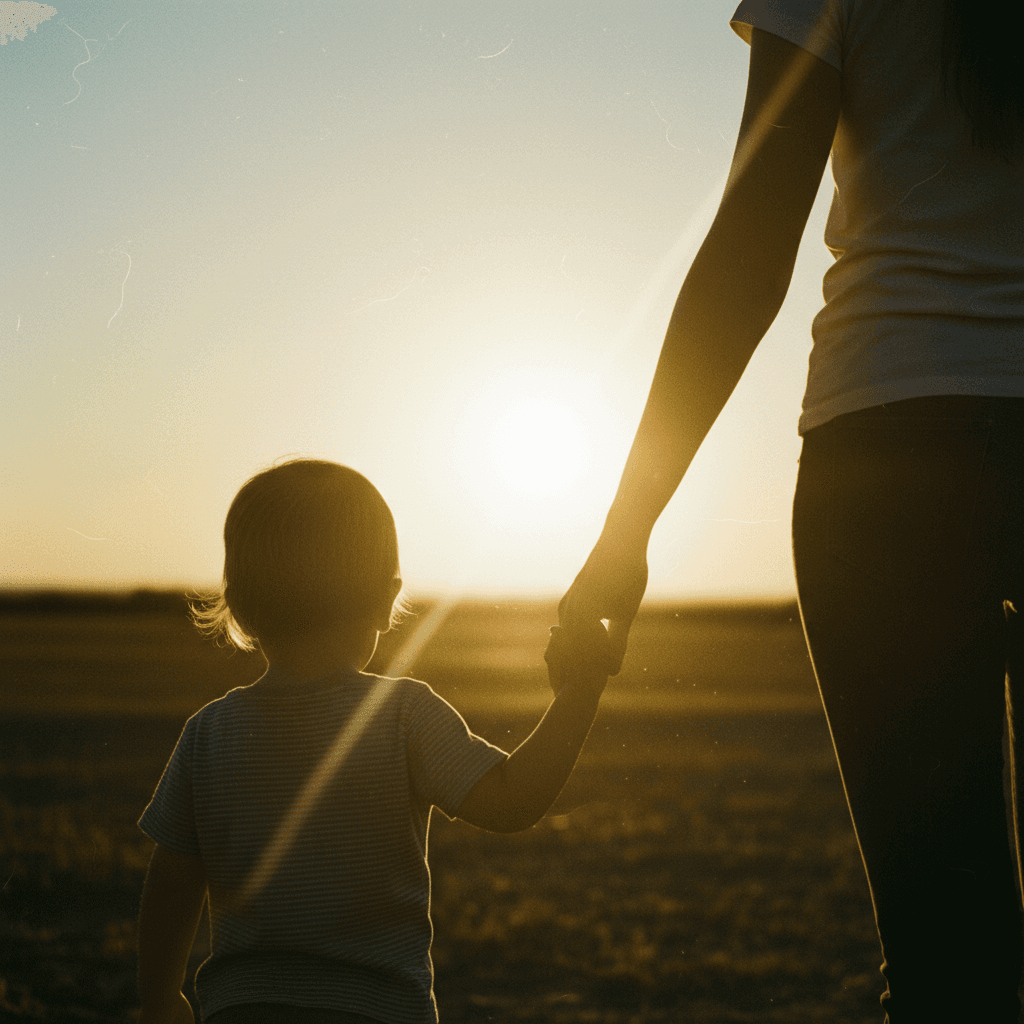 A child holding a caregiver's hand at sunrise, backlit silhouette on the horizon