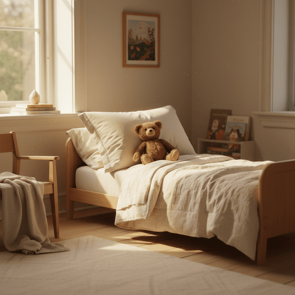 A child's bedroom at golden hour with a stuffed bear on the pillow